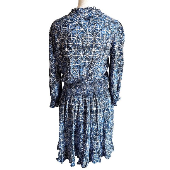 Maje Dress Size 42 / Large Printed Viscose Smocking Ruffle Indigo Black $385 - Picture 7 of 13